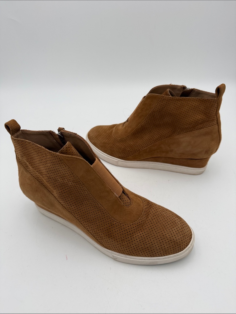 Paolo Tan Suede Perforated Wedge Ankle Boots women 9M casual office Y2K retro